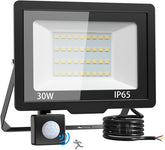 LED flood light with sensor and cable on a white background